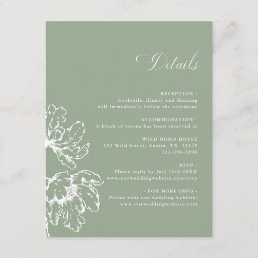 French Floral Sage Green Wedding Details Begleitkarte (Vorderseite)