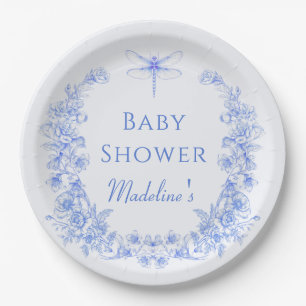 French Floral Something Blue Dragonfly Babydusche Pappteller