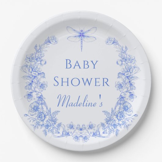 French Floral Something Blue Dragonfly Babydusche Pappteller (Vorderseite)