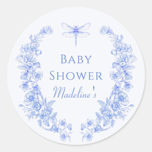 French Floral Something Blue Dragonfly Babydusche Runder Aufkleber (Vorderseite)