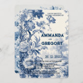 French Floral Toile Blue Invitation Einladung (Vorne/Hinten)