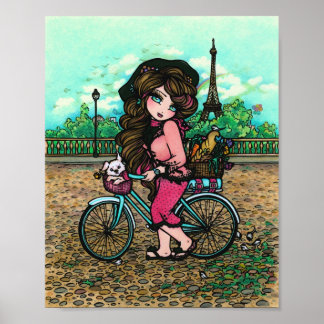 French Girl & Niedlich Puppy Paris Eiffel Tower Po Poster