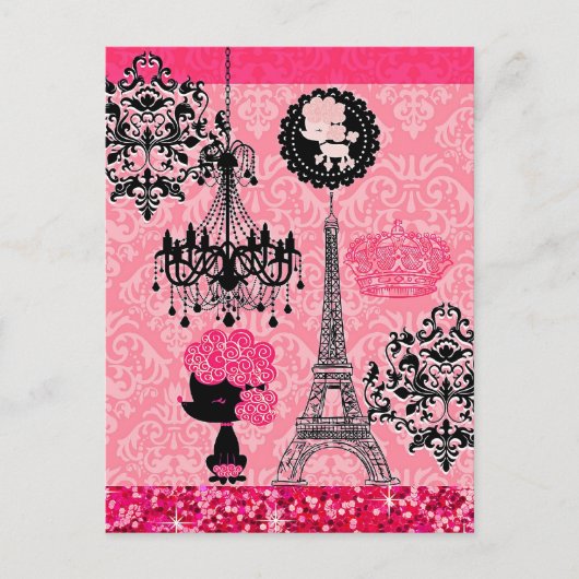 French Girly Eiffel Tower, Puppy & Damask Elegant Postkarte (Vorderseite)