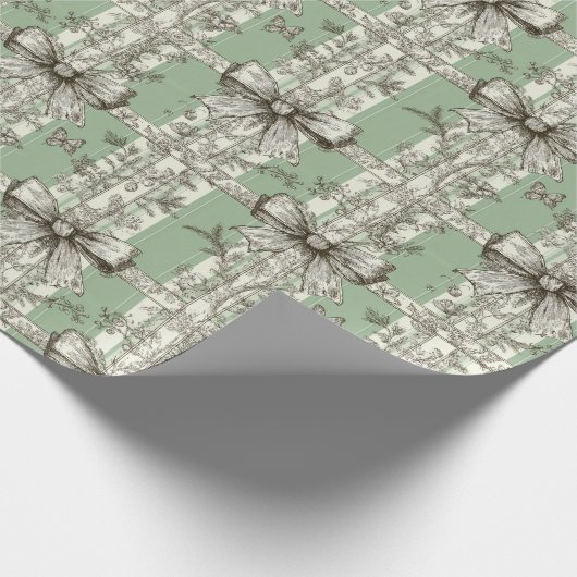 French Green Christmas Toile Bow Patterned Geschenkpapier (Ecke)