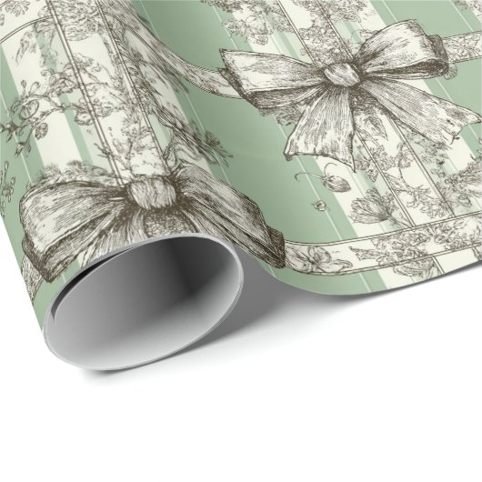 French Green Christmas Toile Bow Patterned Geschenkpapier (Rolleneckpunkt)