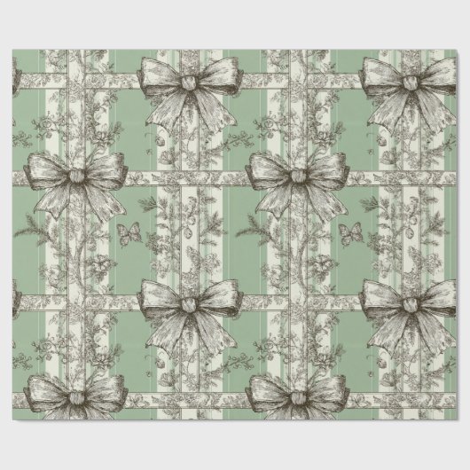French Green Christmas Toile Bow Patterned Geschenkpapier (Flach)