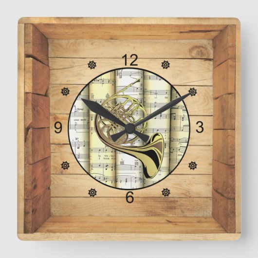 French Horn ~ 3 Dimensional ~ Folk Art Box ~ Quadratische Wanduhr (Vorderseite)