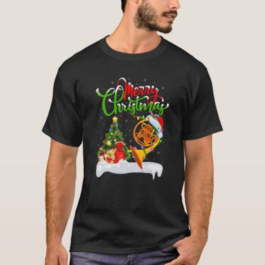 French Horn Lover Xmas Lighting Santa French Horn T-Shirt (Vorderseite)