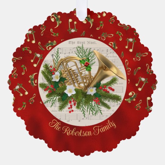 French Horn Musical Red Christmas Foto Ornament Karte (Vorderseite)