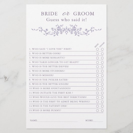 French Lavender 'Bride or Groom' Bridal Game  (Vorderseite)