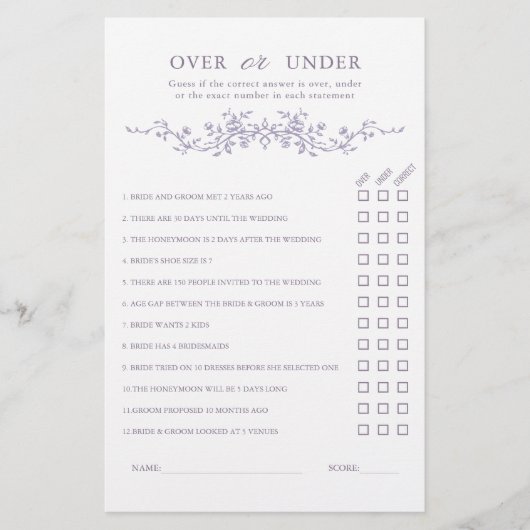 French Lavender 'Over or Under' Bridal Shower Game (Vorderseite)
