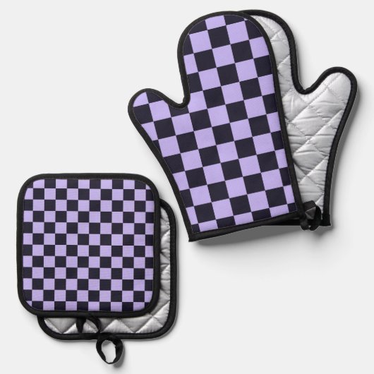 French lilac checkerboard pattern ofenhandschuh & Topflappen-Set (Vorderseite/Rückseite)