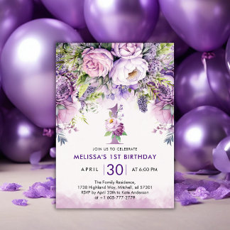 French Lilac & Pink Garden Blume 1. Geburtstag Einladung