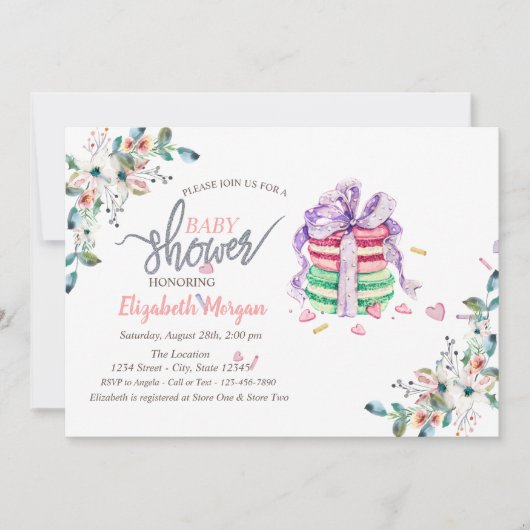 French Macarons Blume Kinderdusche Einladung (Vorderseite)