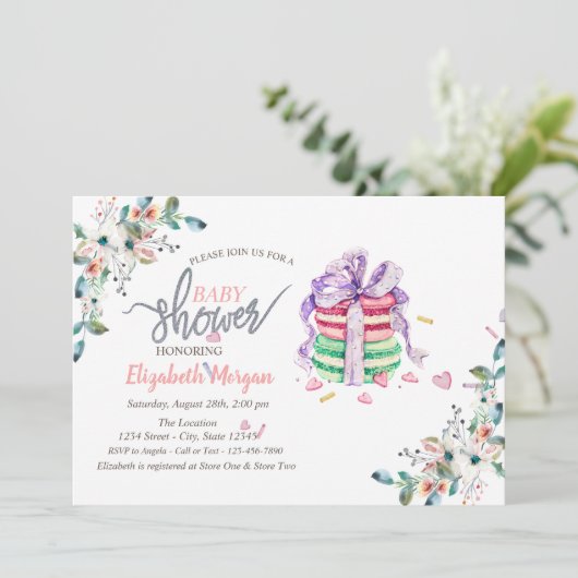 French Macarons Blume Kinderdusche Einladung (Stehend Vorderseite)