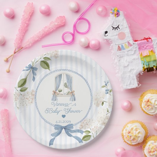 French Nursery Baby Shower Blue Stripes Bow Pappteller (Party)