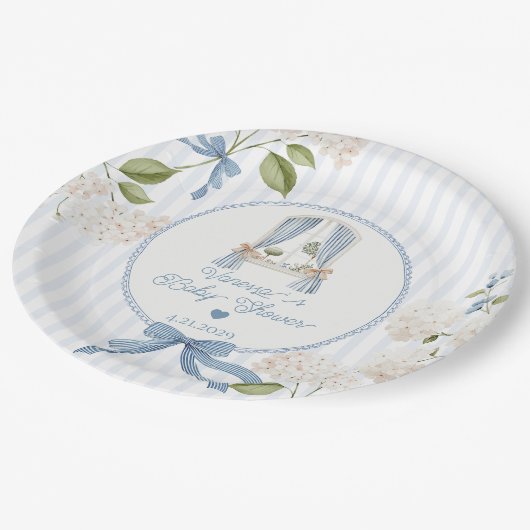 French Nursery Baby Shower Blue Stripes Bow Pappteller (Schrägansicht)