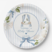 French Nursery Baby Shower Blue Stripes Bow Pappteller (Vorderseite)