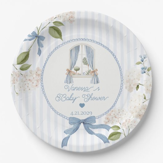 French Nursery Baby Shower Blue Stripes Bow Pappteller (Vorderseite)