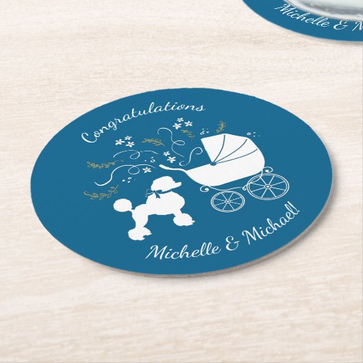 French Poodle Baby Shower Hund Welpe Blue Boy Runder Pappuntersetzer (Angewinkelt)