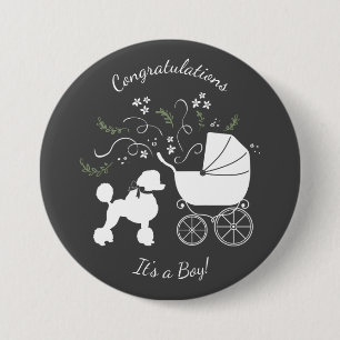 French Poodle Dog Baby Shower Puppy Grau Button