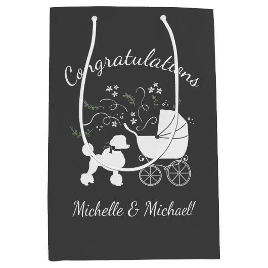 French Poodle Dog Baby Shower Puppy Grau Mittlere Geschenktüte (Vorderseite)