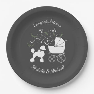 French Poodle Dog Baby Shower Puppy Grau Pappteller