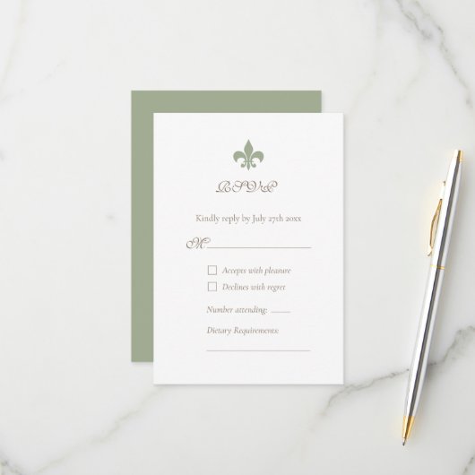 French Regency Green Lilie Design Wedding RSVP Karte (Vorderseite/Rückseite Beispiel)