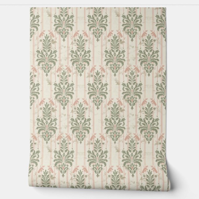 French Retro Damask Stripe Pattern – Vintage Sage  Tapete (Abrollen)