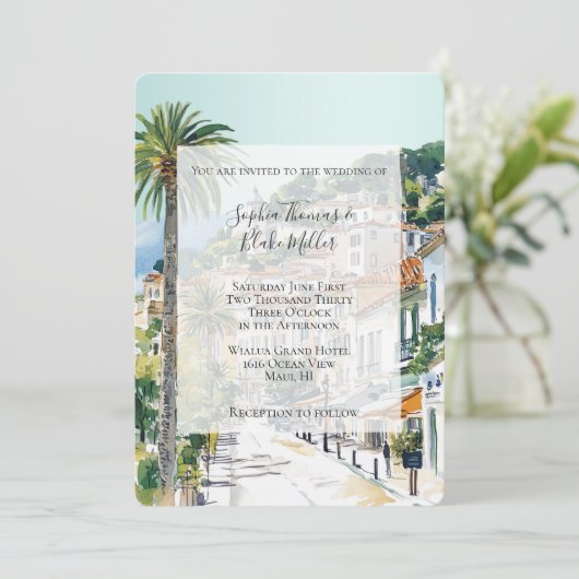 French Riviera Beach Coastal Town Wedding Einladung (Stehend Vorderseite)