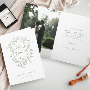 French Sage Green Floral Wappen Hochzeitsfeier Fot Dankeskarte