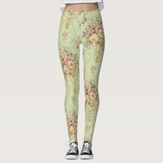 French Sage Green Viktorianisch Style Floral Rokok Leggings (Vorderseite)