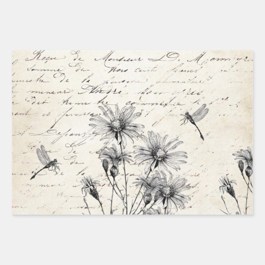 French Script Wildflower Dragonfly Decoupage Craft Geschenkpapier Set (Vorderseite 3)
