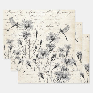 French Script Wildflower Dragonfly Decoupage Craft Geschenkpapier Set