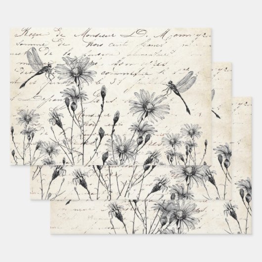 French Script Wildflower Dragonfly Decoupage Craft Geschenkpapier Set (Set)
