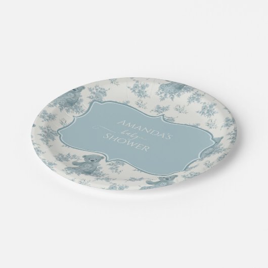 French Toile Bear und Bunny Baby Dusche Pappteller (Schrägansicht)