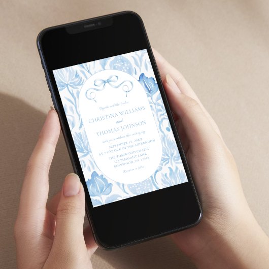 French Toile Blue Bow Wedding Einladung