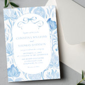 French Toile Blue Bow Wedding Einladung