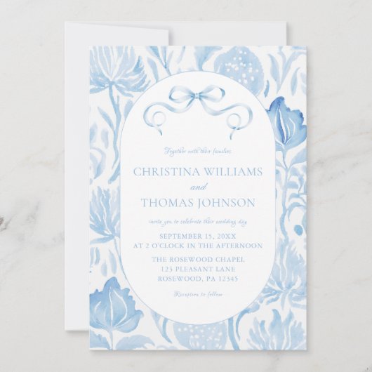French Toile Blue Bow Wedding Einladung (Vorderseite)