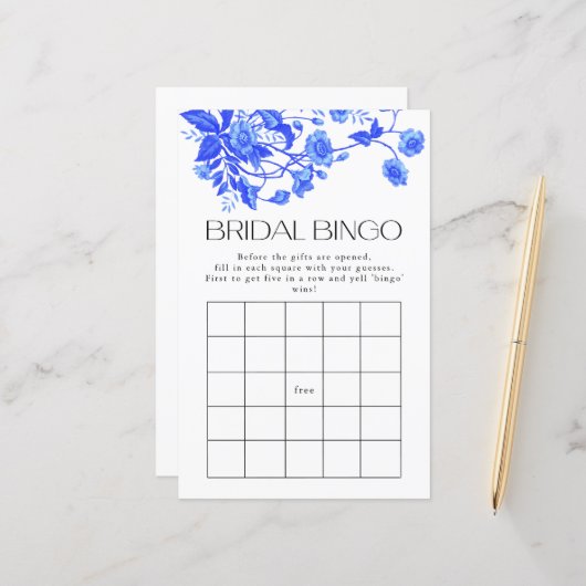 French Toile Blue Floral Bridal Bingo Game (Vorderseite/Rückseite Beispiel)