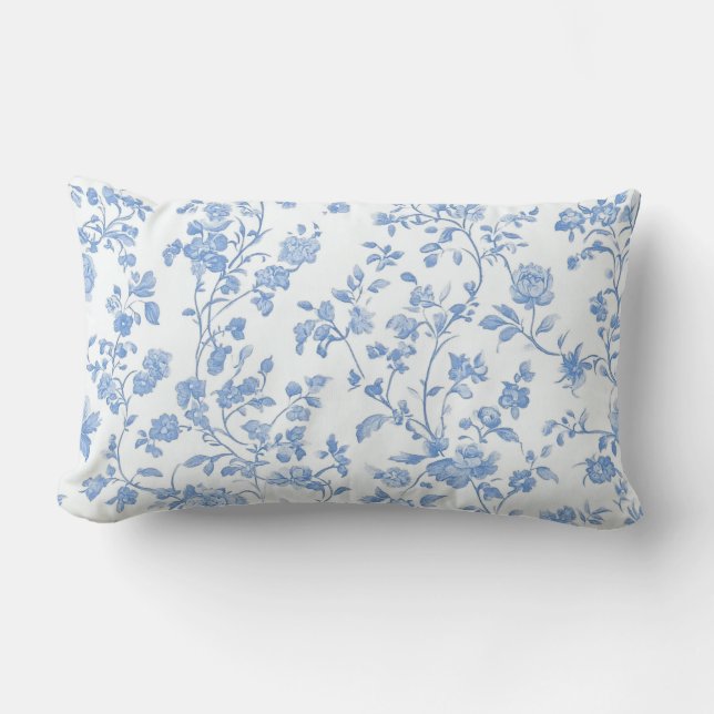 French Toile Blue Floral Lendenkissen (Vorderseite)