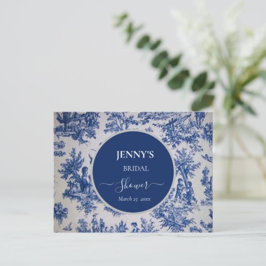 French Toile de Jouy Blue und White Brautparty Ankündigungspostkarte (Stehend Vorderseite)
