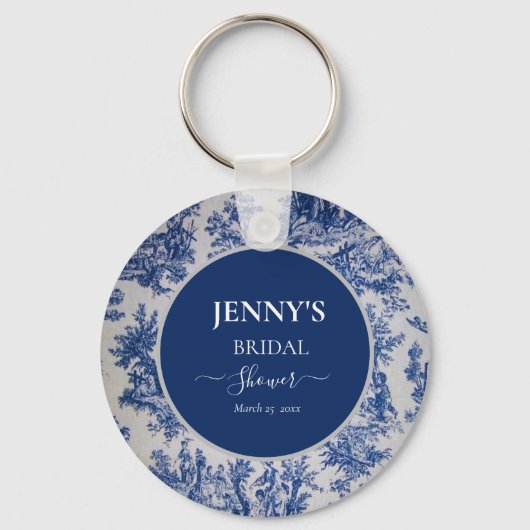French Toile de Jouy Blue und White Brautparty Schlüsselanhänger (Vorderseite)