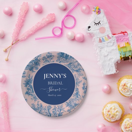 French Toile de Jouy Pink und Blue Brautparty Pappteller (Party)