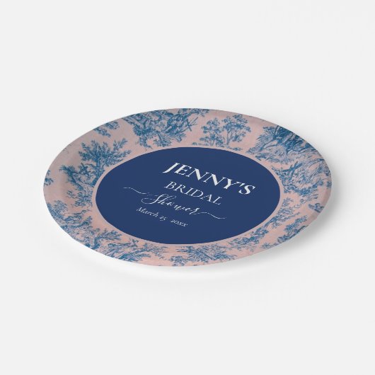 French Toile de Jouy Pink und Blue Brautparty Pappteller (Schrägansicht)