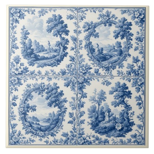 French Toile De Juoy Pastoral Rustic Country Blue Fliese (Vorderseite)