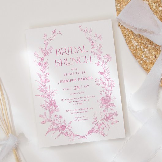 French Toile Pink Floral Bridal Brunch Einladung