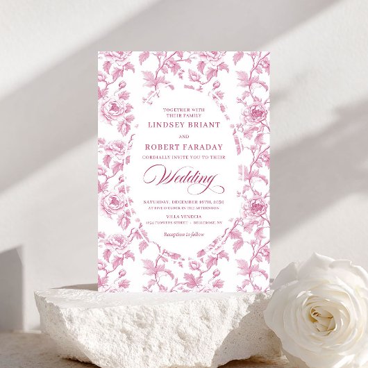 French Toile Roses Blush Pink Wedding Invitation Einladung