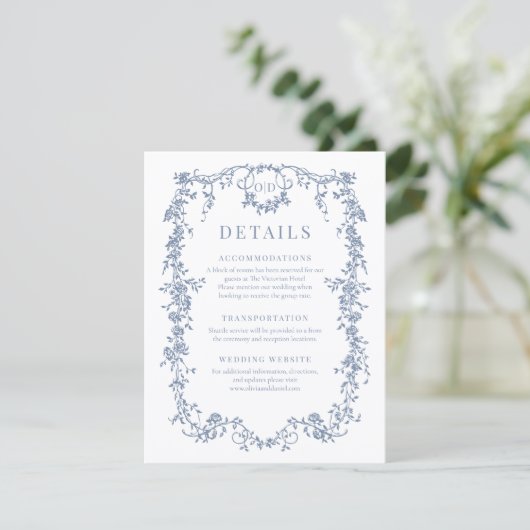French Victorian Dusty Blue Wedding Details Einladung (Stehend Vorderseite)