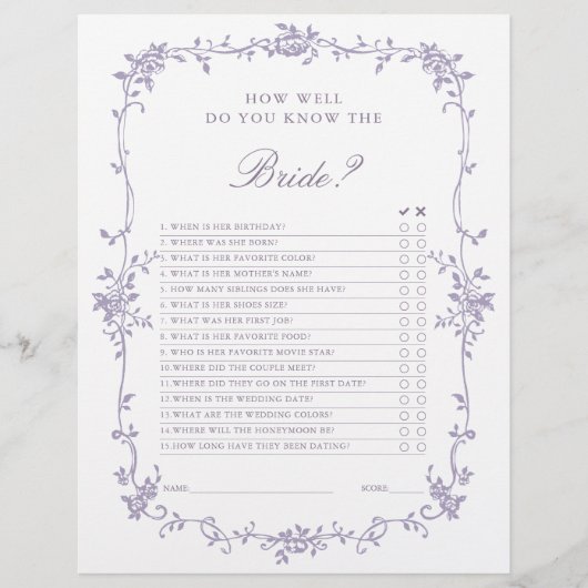 French Victorian Lavender Bridal Shower Game (Vorderseite)